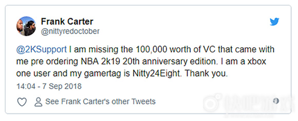 《NBA 2K19》用户未收到20周年VC奖励 购买游戏也有问题